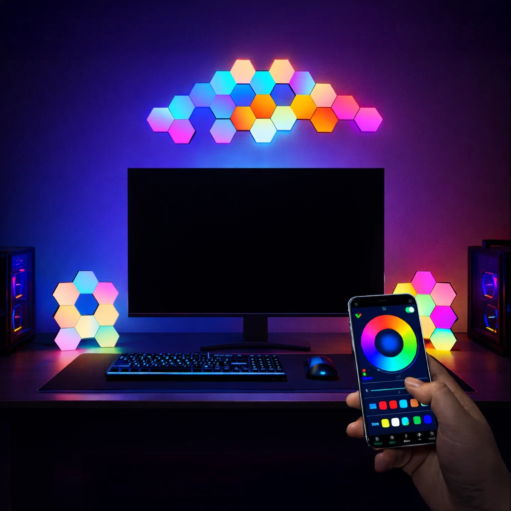 RGB LED Hexagon Wall Light – Bluetooth App-Controlled Gaming Room Ambient Lighting