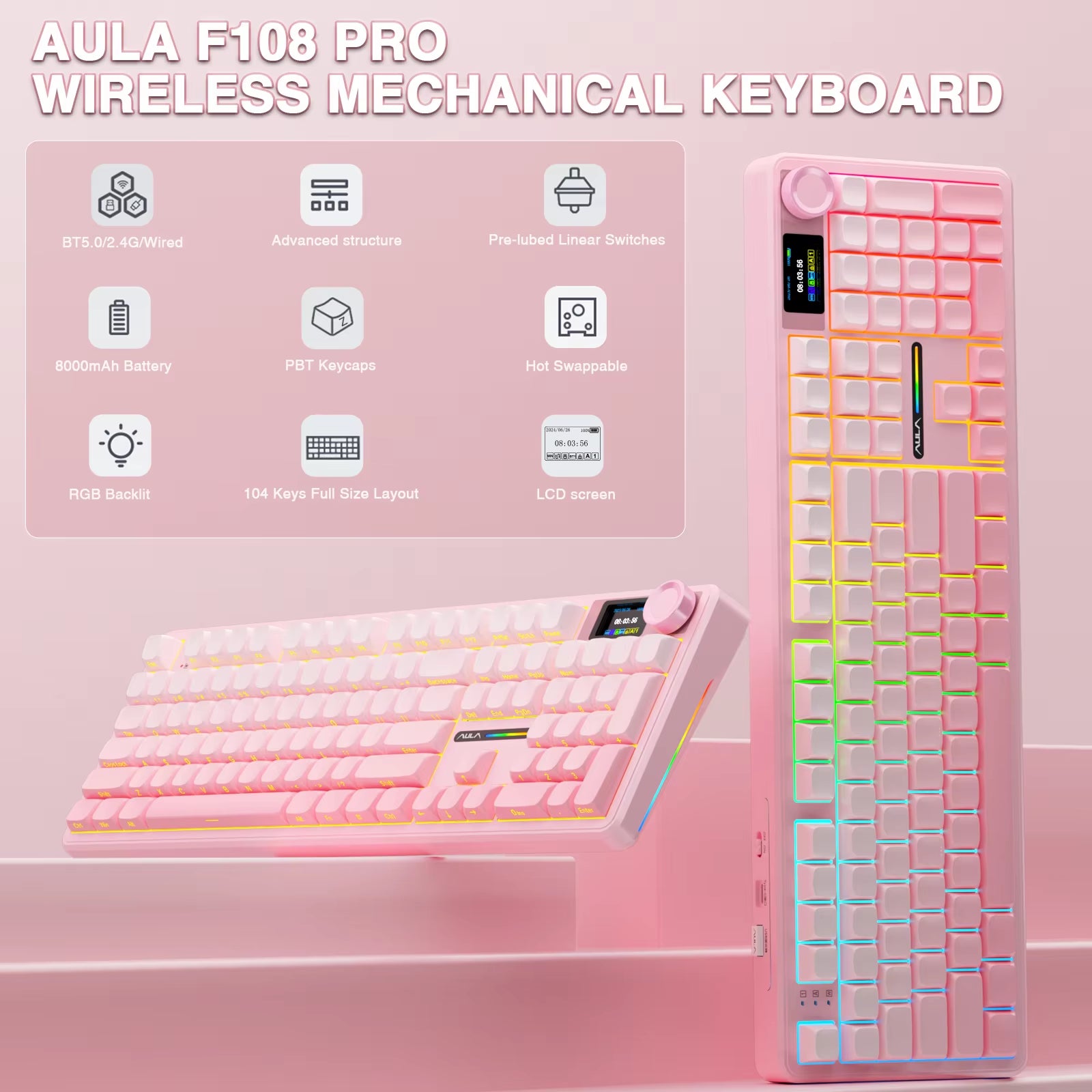 F108 Pro Wireless Bluetooth Keyboard Macro Gaming Keyboard Gasket Hot-Swap Full Size Keyboard with TFT Smart Display