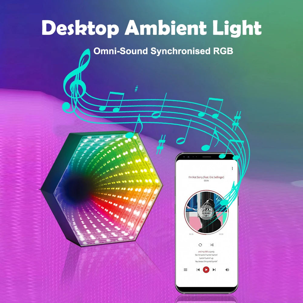 RGB 3D Hexagonal Infinity Mirror Light LED Desktop Ambient Lamp Computer Game Music Rhythm Sync Lights Room Decor