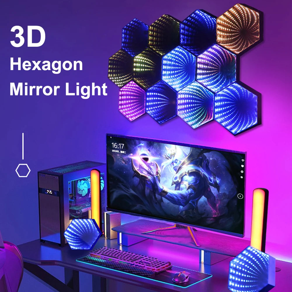 RGB 3D Hexagonal Infinity Mirror Light LED Desktop Ambient Lamp Computer Game Music Rhythm Sync Lights Room Decor