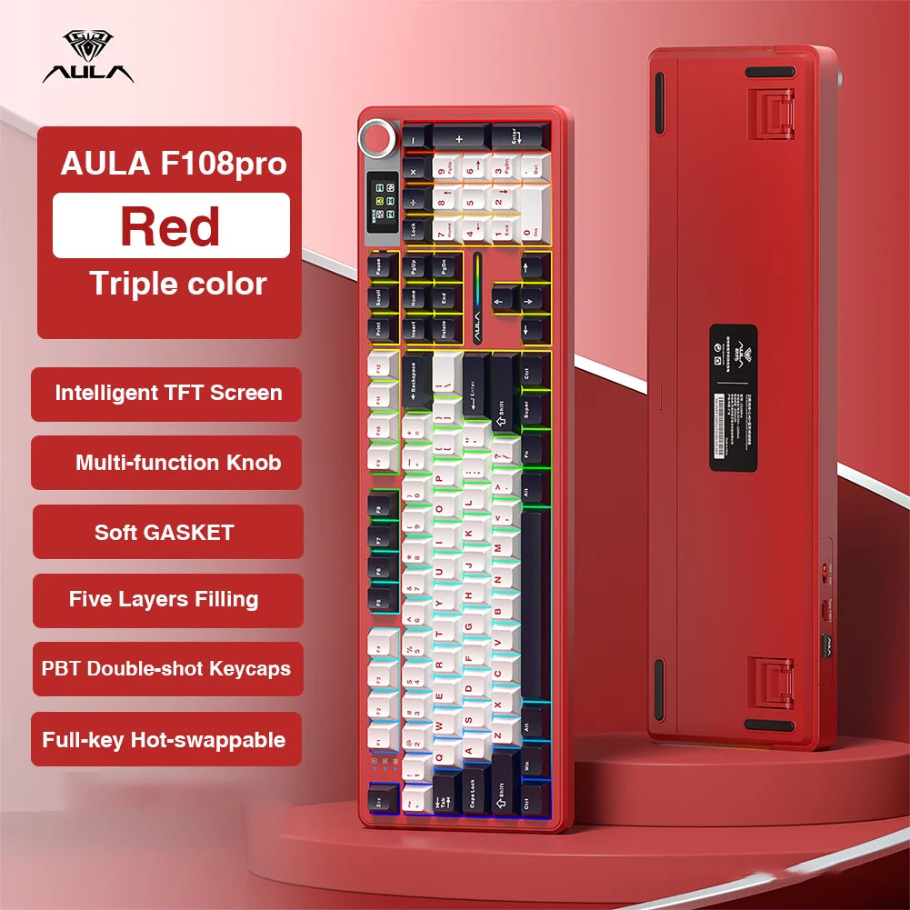 F108 Pro Wireless Bluetooth Keyboard Macro Gaming Keyboard Gasket Hot-Swap Full Size Keyboard with TFT Smart Display