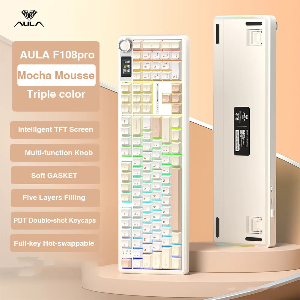 F108 Pro Wireless Bluetooth Keyboard Macro Gaming Keyboard Gasket Hot-Swap Full Size Keyboard with TFT Smart Display